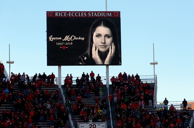 FILE - In this Nov. 10, 2018, file photo, a photograph of University of Utah student and track athlete Lauren McCluskey, who was fatally shot on campus, is projected on the video board before the start of an NCAA college football game between Oregon and U