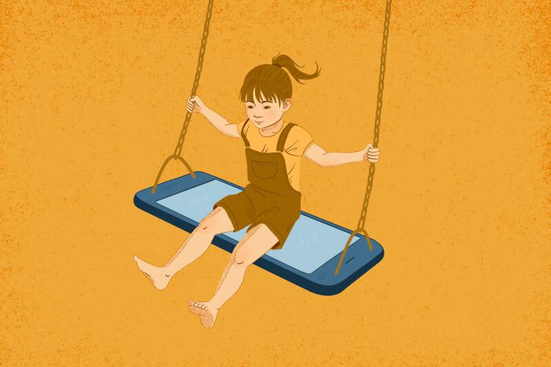 Illustration of a girl swinging on an iPhone