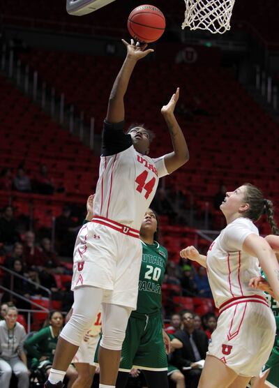 Utah's Dre'Una Edwards gets off a shot against UVU on Dec. 1, 2018 in Salt Lake City.