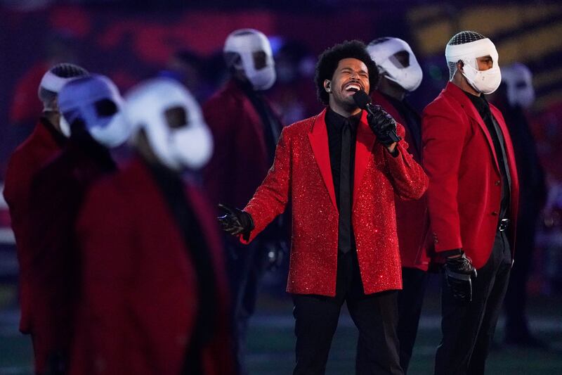 The Weeknd performs during the halftime show of the NFL Super Bowl LV football game between the Kansas City Chiefs and Tampa Bay Buccaneers, Sunday, Feb. 7, 2021, in Tampa, Fla.