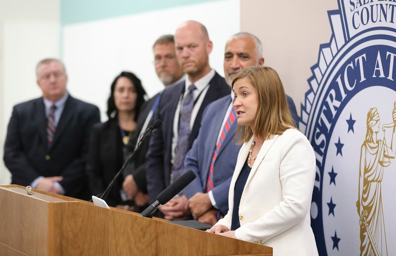 Salt Lake County Mayor Jenny Wilson announces a new criminal justice diversion program during a press conference in Salt Lake City on Tuesday, July 30, 2019.