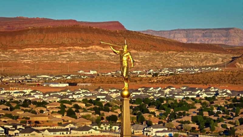The Angel Moroni statue has been placed atop the Red Cliffs Temple of The Church of Jesus Christ of Latter-day Saints.
