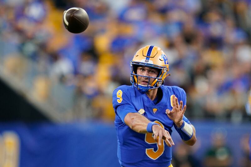Pittsburgh quarterback Kedon Slovis throws against West Virginia Thursday, Sept. 1, 2022, in Pittsburgh.