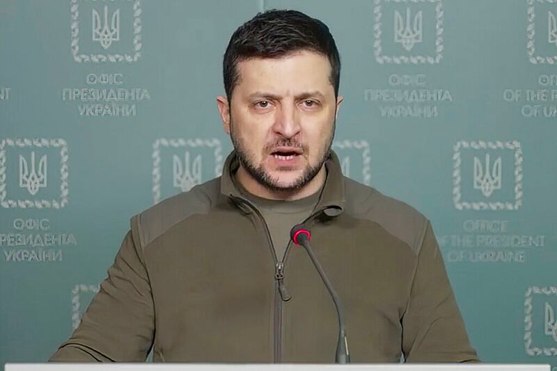 Ukrainian President Volodymyr Zelenskyy speaks in Kyiv, Ukraine.