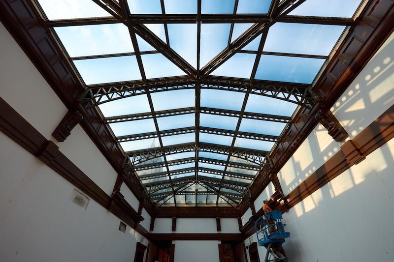 A large skylight hovers above the Salt Lake Temple recommend desk with a view of the historic house of the Lord in Salt Lake City on Tuesday, June 23, 2026.