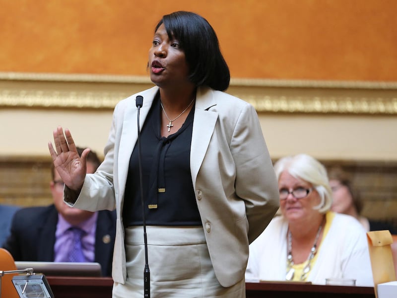 FILE - Rep. Sandra Hollins (D) speaks at the state Capitol in Salt Lake City on Wednesday, Aug. 19, 2015. Hollins was one of several guest speakers Saturday during a symposium Saturday at the S.J. Quinney College of Law at the University of Utah. The them