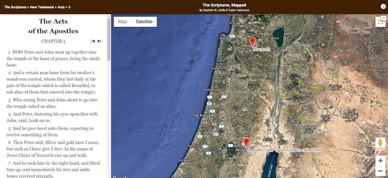 This screenshot shows the locations of events in Acts 3 on  scriptures.byu.edu/mapscrip/.