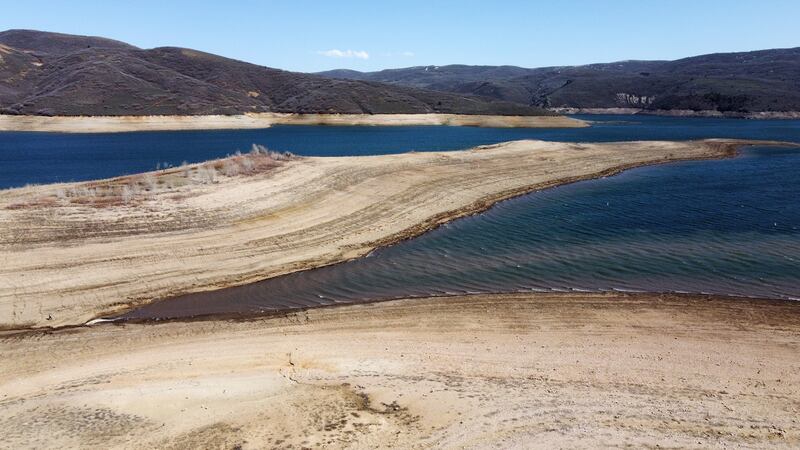 Low water levels at Jordanelle Reservoir in Wasatch County are seen on April 18, 2022.