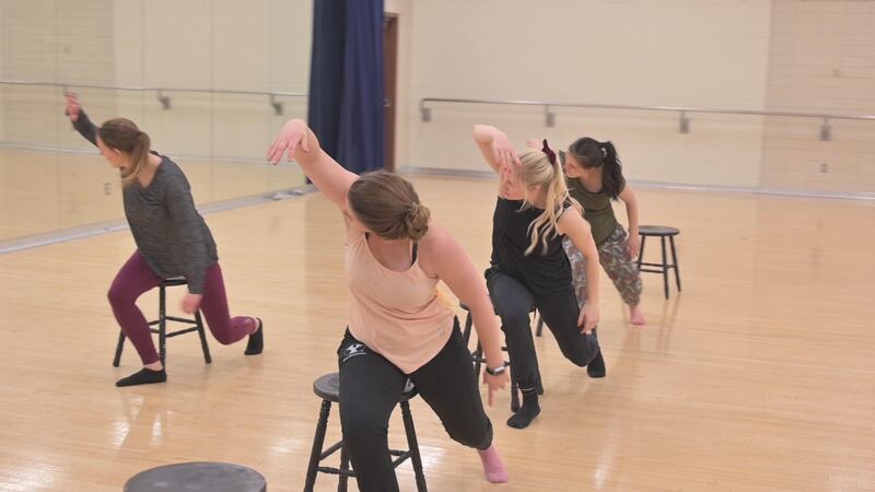 A group of women — (front to back) Lauren Evans, Jenessa Swan Berg, Eliza Lanham Jones and Heather Francis — are practicing to perform "Claim" as part of the BYU dance department's Senior Projects & Faculty Works at BYU.