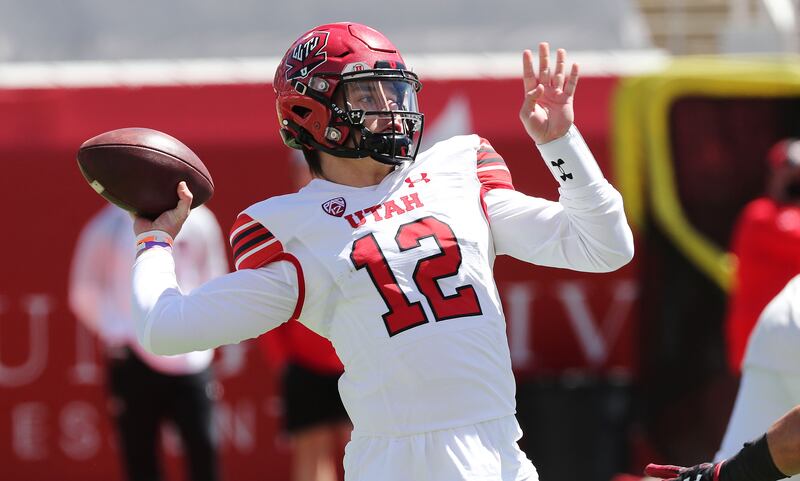 Utah Utes quarterback Charlie Brewer throws during the Red and White Game in Salt Lake City on Saturday, April 17, 2021.