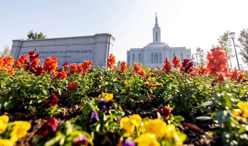 Colorful flowers greet visits outside the Pocatello Idaho Temple.
