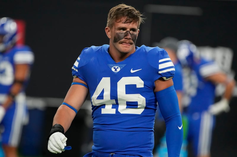 Brigham Young linebacker Drew Jensen (46) during a game against Arizona on Saturday, Sept. 4, 2021, in Las Vegas.