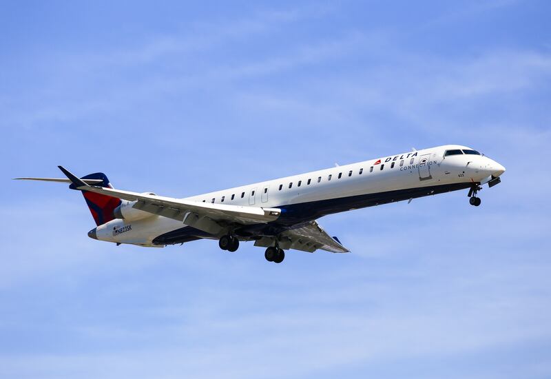 A Delta Air Lines airplane landing at Los Angeles International Airport.