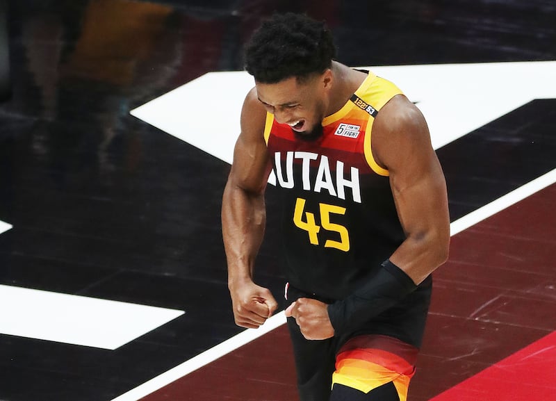 Utah Jazz guard Donovan Mitchell celebrates a basket against the LA Clippers.