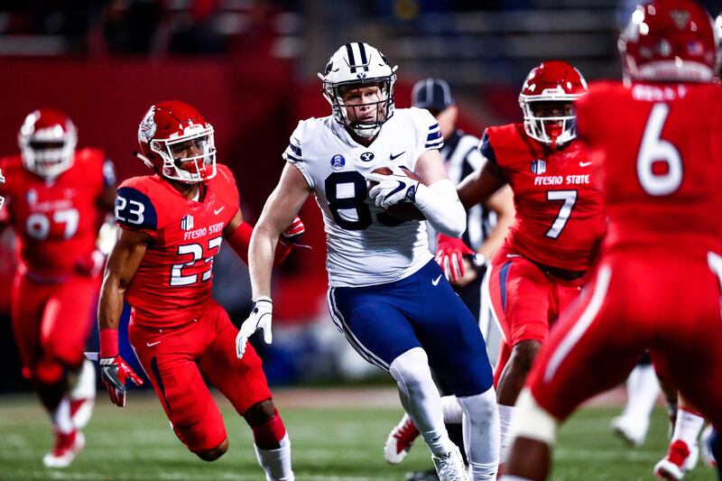 BYU tight end Matt Bushman heads up the field after making a catch during the game against Fresno State in Fresno, California, Saturday, Nov. 4, 2017.