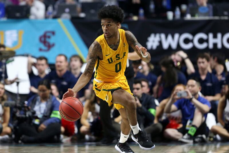 San Francisco’s Khalil Shabazz plays against Gonzaga during Monday, March 9, 2020, in Las Vegas.