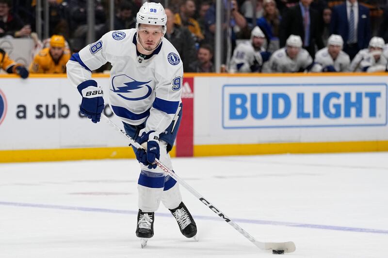 FILE - Tampa Bay Lightning defenseman Mikhail Sergachev (98) plays during the third period of an NHL hockey game against the Nashville Predators, Thursday, Dec. 7, 2023 in Nashville, Tenn. The Utah Hockey Club made a big splash at its first draft, acquiring Mikhail Sergachev from the Tampa Bay Lightning. (AP Photo/George Walker IV, File)