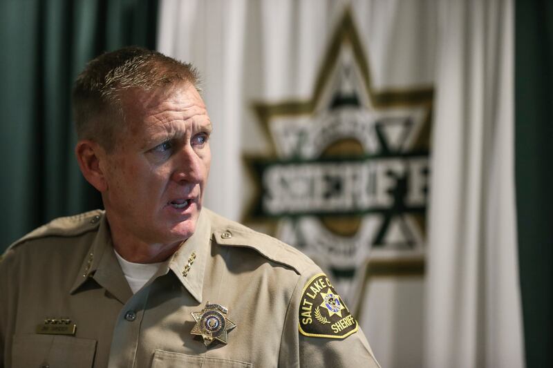 FILE - Sheriff Jim Winder makes a statement about President Trump's recent executive orders at the Salt Lake County Sheriff's Office in Salt Lake City on Wednesday, Feb. 01, 2017. Winder announced Monday he's stepping down from his latest job as Moab's po