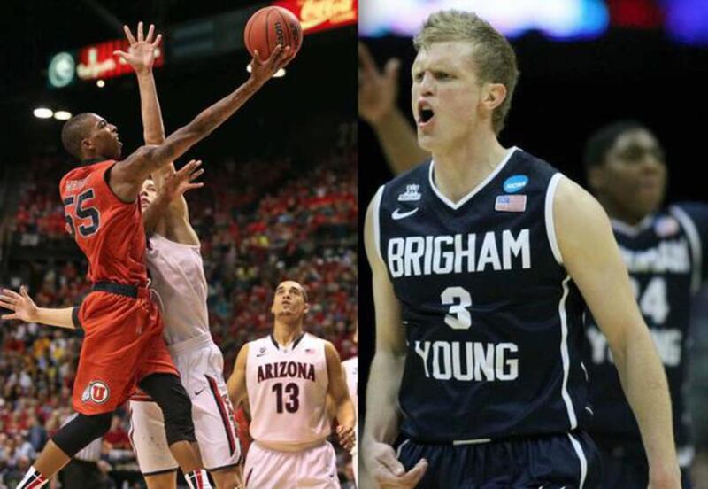 Brigham Young Cougars guard Tyler Haws (3) drives to the basket as Utah Utes guard Delon Wright (55) defends during a game at the Jon M. Huntsman Center on Saturday, December 14, 2013. (Matt Gade, Deseret News)