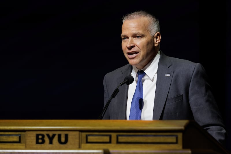 New BYU President Shane Reese welcomes students to campus for the first time at a campus devotional on Sept. 12, 2023.