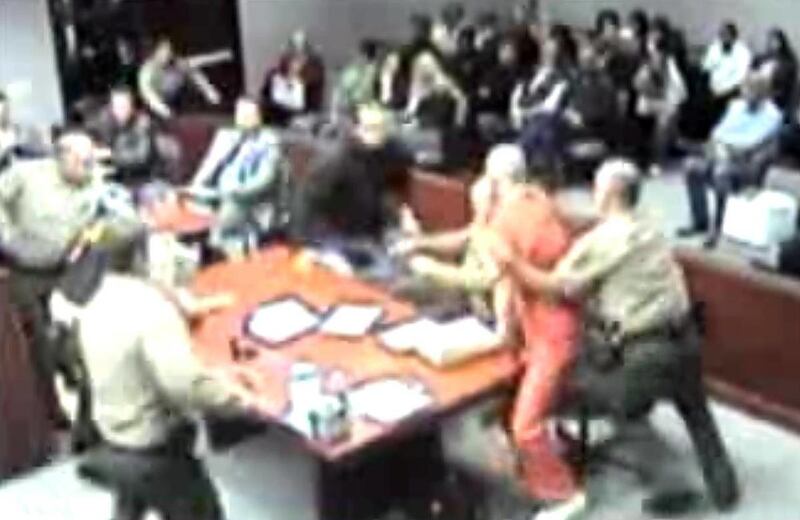 A courtroom brawl broke out during the sentencing for Tristan Jared Lamboreaux, who was convicted of shooting and killing his wife, Misty, in August 2009. Deputies restrained the victim's brother, Jason Wilson, and held back Lamborreaux during the court p