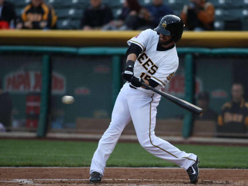 Bees' Matt Long swings for the ball during a baseball game against Sacramento River Cats at Spring Mobile Ballpark Thursday, April 3, 2014 in Salt Lake City, UT