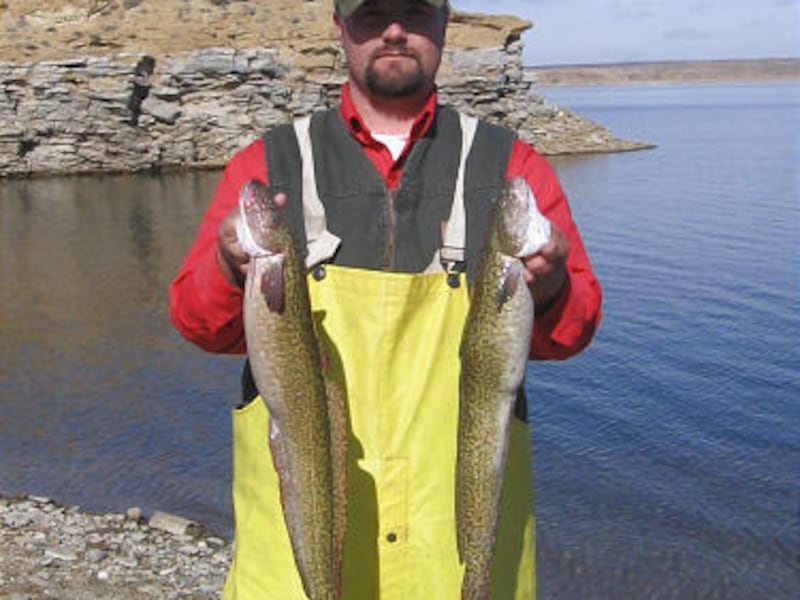 Craig Amadio holds two burbot that were netted out of Fontenelle Reservoir in Wyoming. Burbot are cutting sport fish populations.