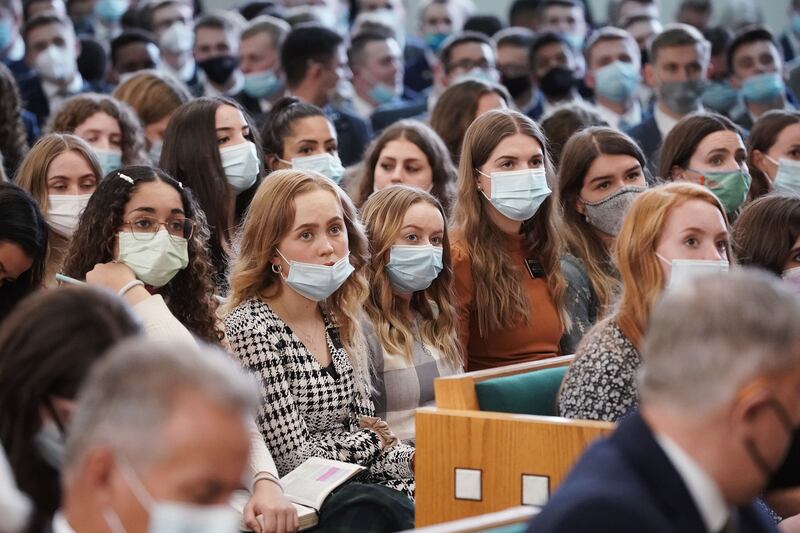 Missionaries attend a London and Birmingham combined missions meeting in London, England on Friday Oct. 29, 2021.