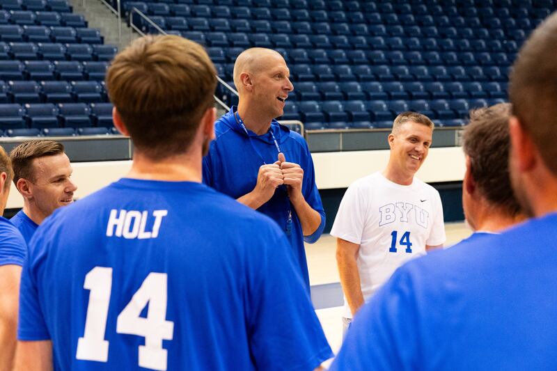 BYU men’s basketball head coach Mark Pope talks to members of the media at Media Madness, an event hosted by the school.