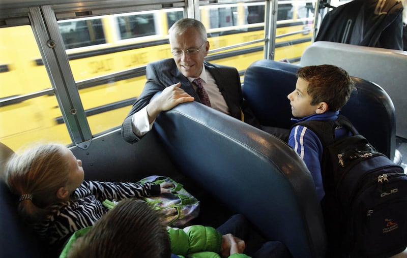 Utah State Superintendent of Public Instruction Larry K. Shumway celebrate's National School Bus Safety Week by riding on a school bus to Indian Hills Elementary in Salt Lake City Tuesday, Oct. 18, 2011. Superintendent of Public Instruction Larry Shu
