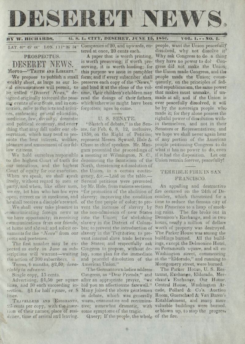 First edition of the Deseret News from June 15, 1850.
