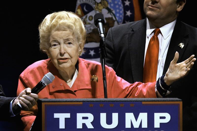 FILE — In this March 11, 2016 file photo, longtime conservative activist Phyllis Schlafly endorses Republican presidential candidate Donald Trump before Trump begins speaking at a campaign rally in St. Louis. Schlafly, who helped defeat the Equal Rights A