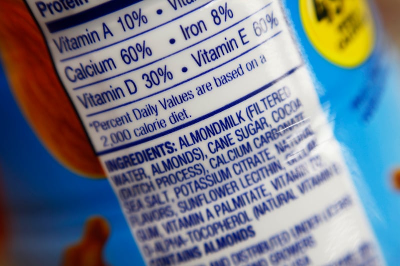 The ingredients label for almond milk at a grocery store in New York.