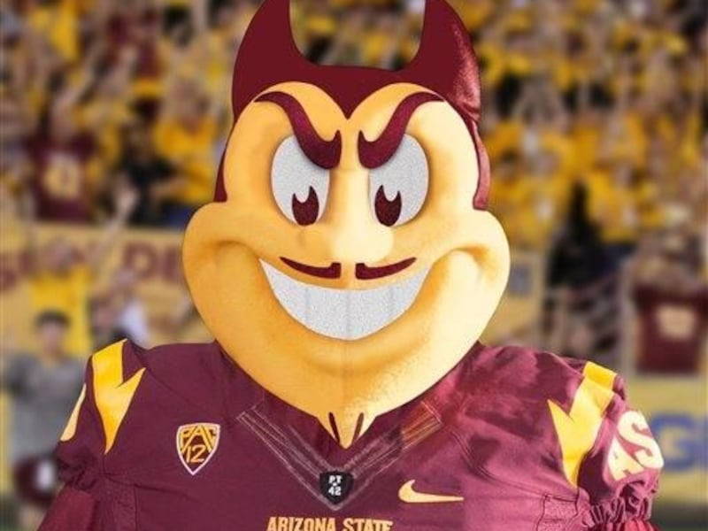 This April 18, 2013, photo provided by Arizona State University shows the winning costume for Arizona State's mascot "Sparky," designed to most closely resemble the original 1946 drawing of Sparky, created by former Disney artist Berk Anthony. The new cos