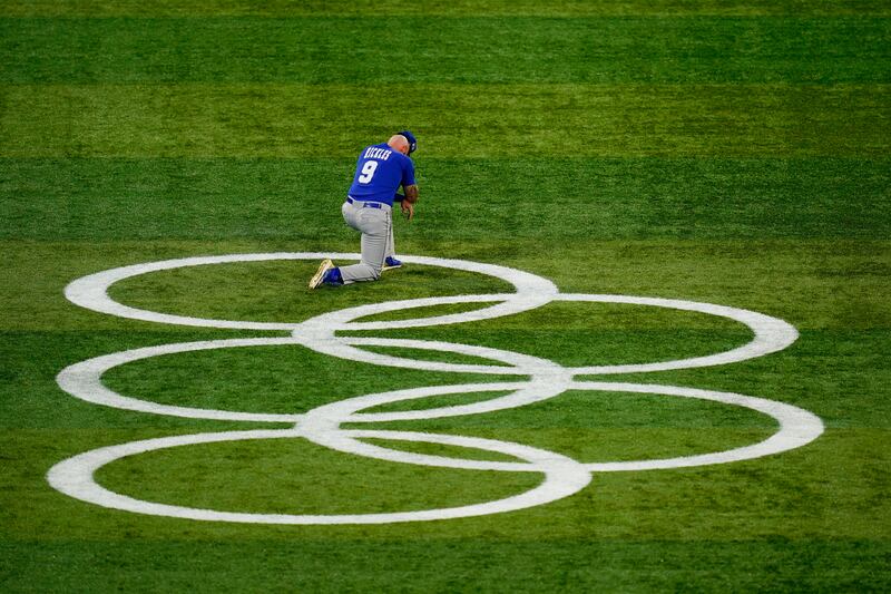The Olympic Rings on a baseball field in Japan.