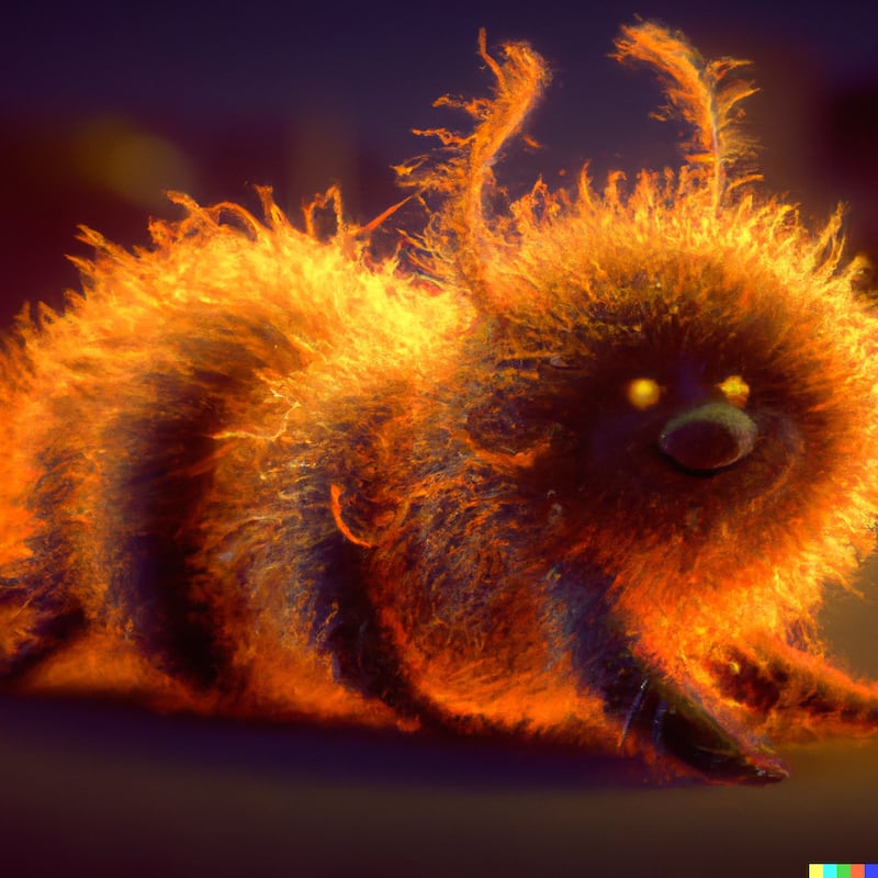“An endless, crawling hairy creature made of orange light, digital art.”