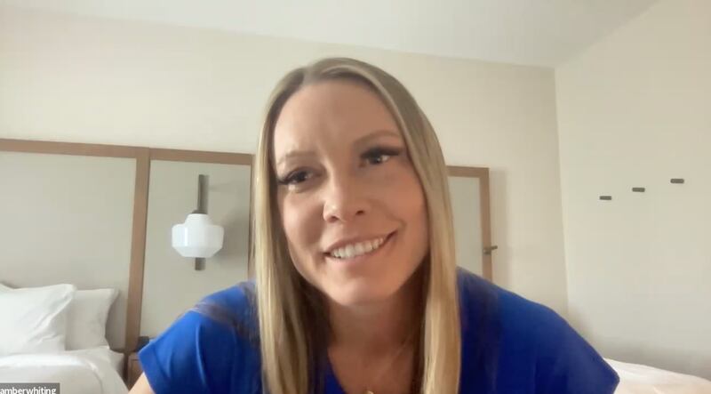 New BYU women’s basketball coach Amber Whiting participates in a Zoom press conference.