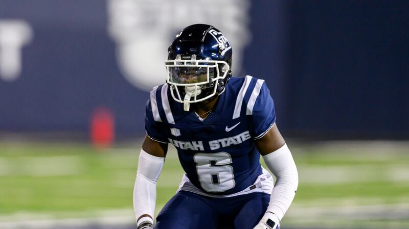 Utah State safety Ike Larsen (6) lines up on defense during an NCAA football game on Saturday, Oct. 7, 2023 in Logan, Utah.