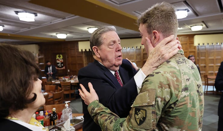 Elder Jeffrey R. Holland of the Quorum of the Twelve Apostles of The Church of Jesus Christ of Latter-day Saints has an emotional talk with Cadet Brody Low at the United States Military Academy at West Point in West Point, N.Y., on Friday, March 18, 2022. Elder Holland met with Latter-day Saint West Point cadets in the Cadet Mess Hall of Washington Hall.