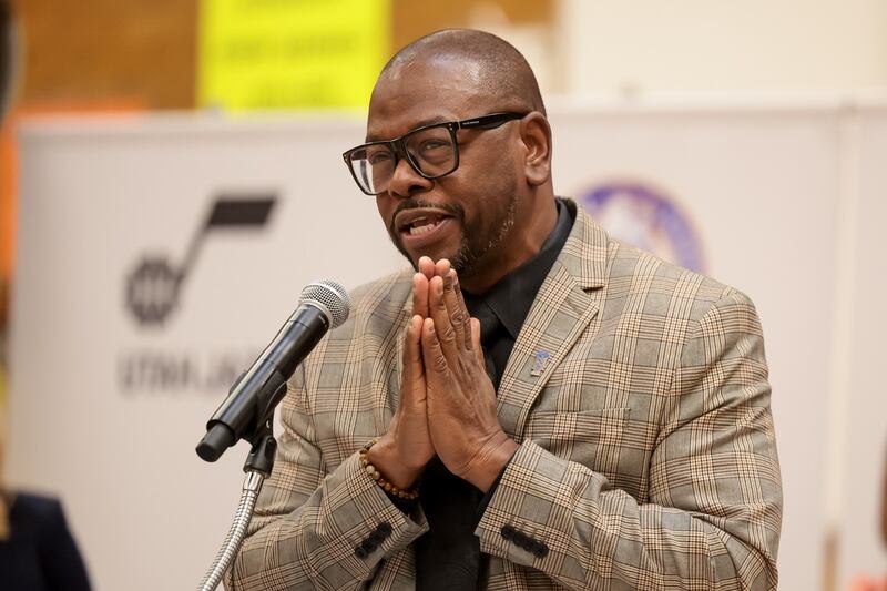 Lincoln Elementary School Principal Milton Collins speaks during a press conference on Thursday. The event unveiled a renovated gym and a new STEM classroom donated by NBA Cares and partners.