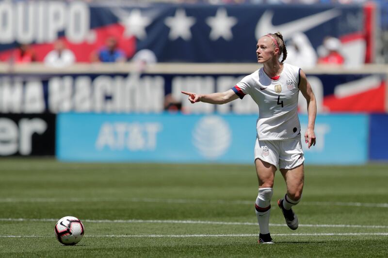 United States defender Becky Sauerbrunn looks to pass the ball against Mexico during the first half of an international friendly soccer match, Sunday, May 26, 2019, in Harrison, N.J. (AP Photo/Julio Cortez)