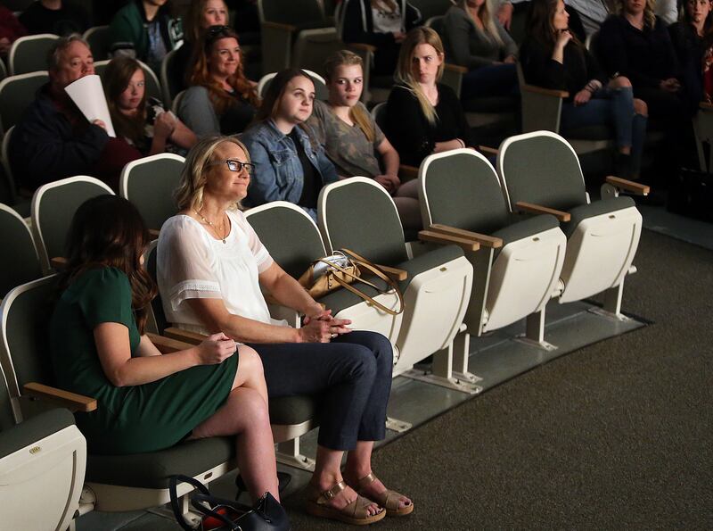 Karin Gornick, creator and executive producer of "Angst," listens to introductions before a showing of the documentary film at Clearfield High School in Clearfield on Monday, April 30, 2018.