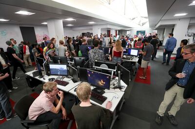 People play new video games during the Entertainment Arts and Engineering Program (EAE) Launch event at the Master Games Studio on the University of Utah campus in Salt Lake City on Wednesday, April 24, 2019. At the event students from the nationally-rank