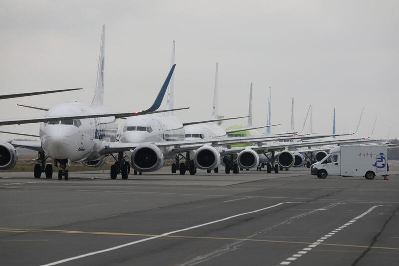 Planes queue up for takeoff at an airport in Nizhny Novgorod, Russia.