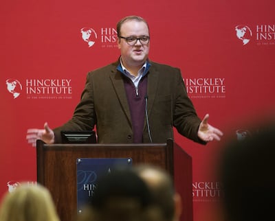 McKay Coppins, a journalist for The Atlantic and BYU graduate, speaks to students at the Hinckley Institute of Politics at the University of Utah in Salt Lake City in 2016.