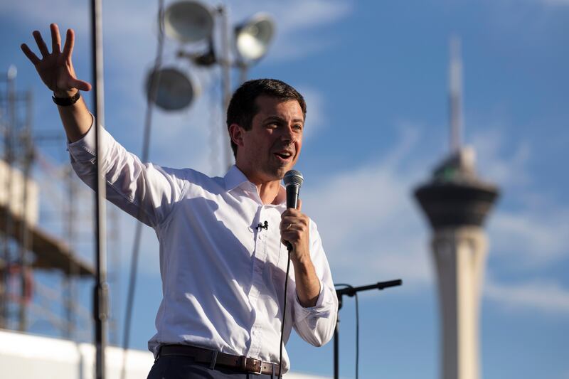 Democratic presidential candidate Pete Buttigieg speaks to supporters during a rally in Las Vegas, Friday, Aug. 2, 2019.