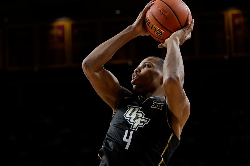 UCF guard Keyshawn Hall shoots during game against Iowa State Tuesday, Jan. 21, 2025, in Ames, Iowa.