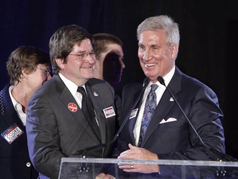 General Peter Cooke and Vince Rampton concede in their run for Utah governor and lieutenant governor as Utah Democrats gather at the Salt Lake Sheraton on Election Night, Tuesday, Nov. 6, 2012, in Salt Lake City. Cooke has accepted a call to serve as a mi