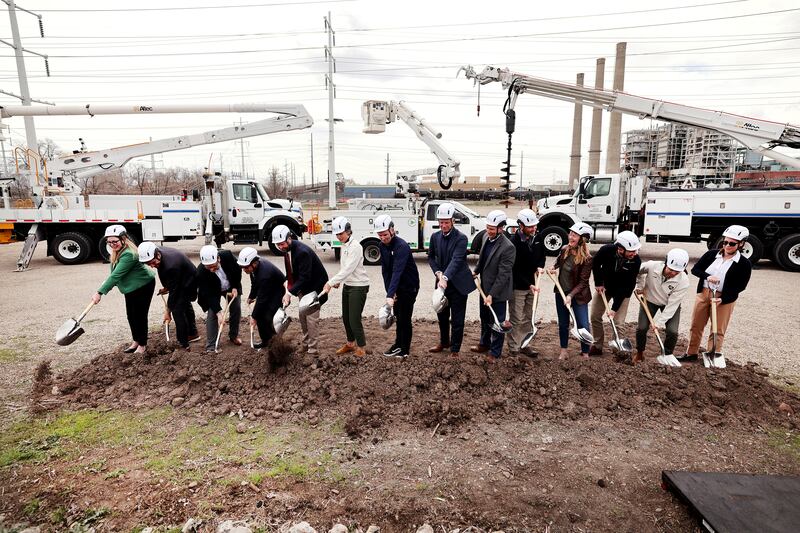 Dignitaries break ground for the new Rocky Mountain Power District offices in Salt Lake City on April 12, 2023. Gail Miller also announced plans to hopefully bring a Major League Baseball team to the area.