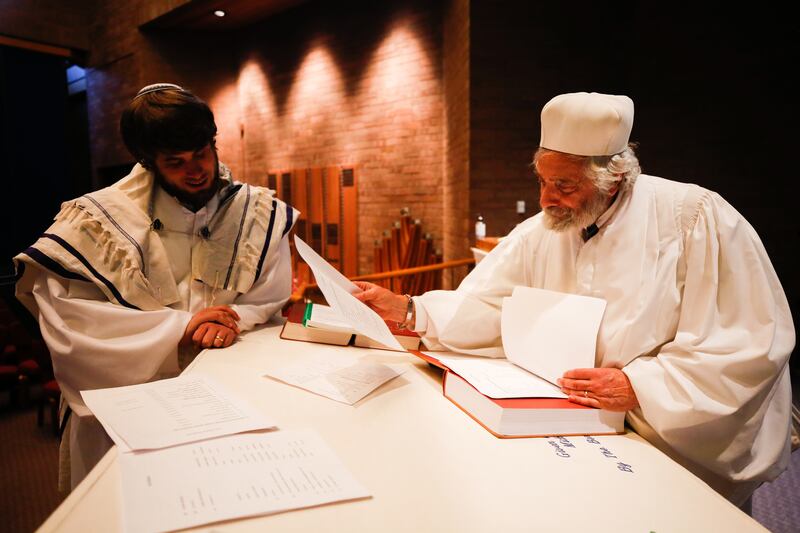 Rabbi Samuel Spector and Cantor Laurence Loeb prepare for a Rosh Hashanah and Yom Kippur service at Congregation Kol Ami in Salt Lake City.